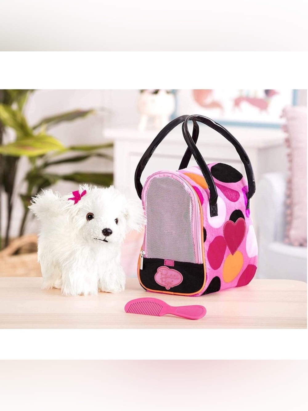 (A6) Battat Pucci Pups Pink Polka Dot Plush Dog Carrier‎ Bag Glam Heart Detail